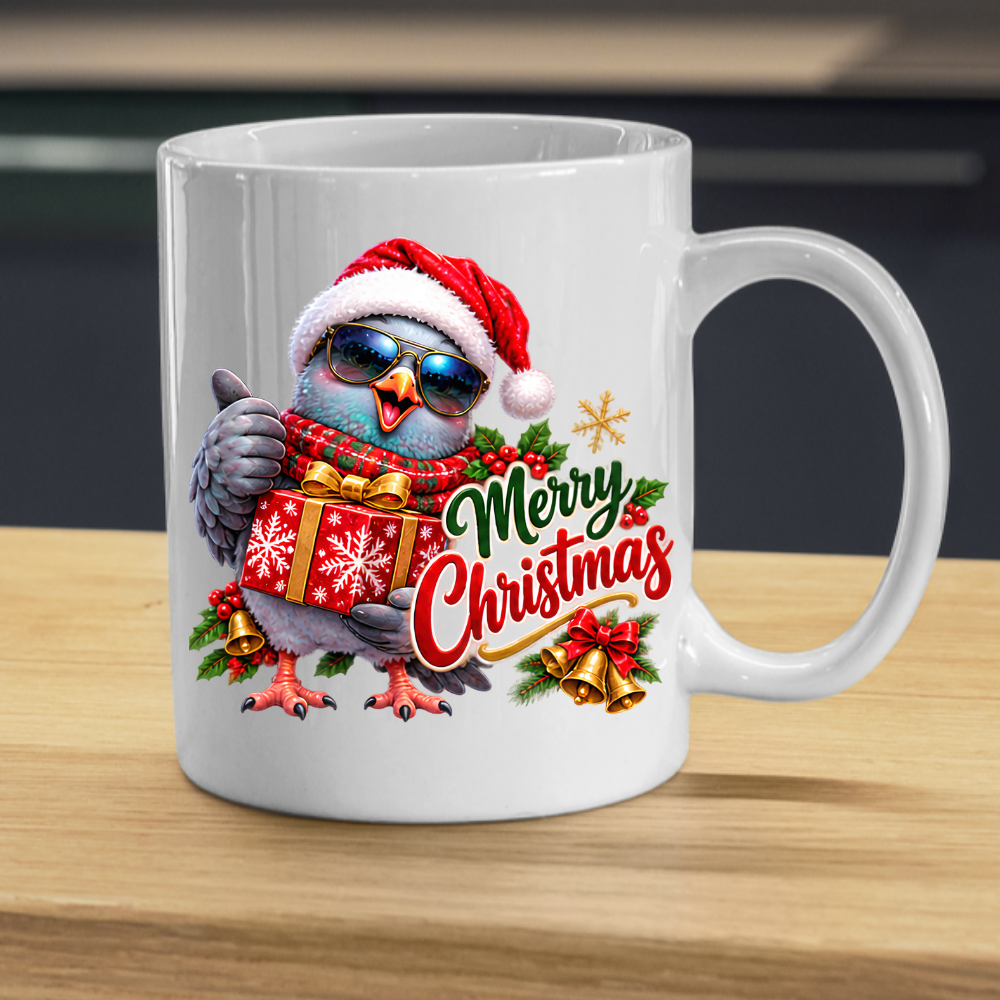 Christmas Mug "Merry Christmas Cool Pigeon" Merry Christmas 325ml Ceramic Coffee Mug – Cool Winking Pigeon in Santa Hat, Sunglasses, Scarf Holding Wrapped Christmas Gift Festive Holiday Gift | Available in Multicolours | Fast Dispatch by UK Seller (M3265)