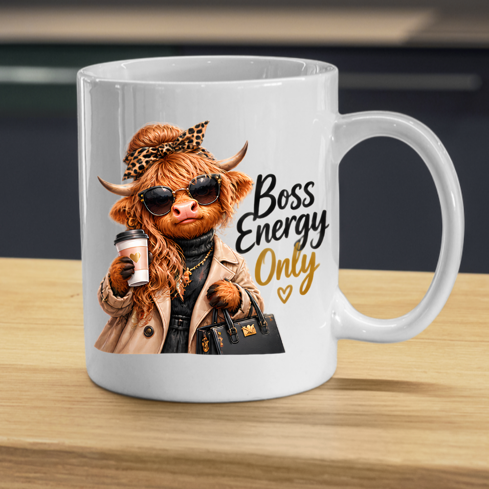 Highland Cow Mug "Boss Energy Only Highland Cow" 325ml Ceramic Coffee Mug – Stylish Highland Cow in Leopard Bow, Trench Coat Sunglasses Holding Coffee Cup Designer Bag Office Boss Gift | Available in Multicolours | Fast Dispatch by UK Seller (M3277)