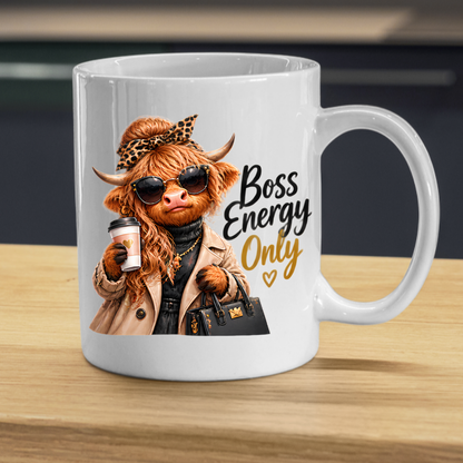 Highland Cow Mug "Boss Energy Only Highland Cow" 325ml Ceramic Coffee Mug – Stylish Highland Cow in Leopard Bow, Trench Coat Sunglasses Holding Coffee Cup Designer Bag Office Boss Gift | Available in Multicolours | Fast Dispatch by UK Seller (M3277)