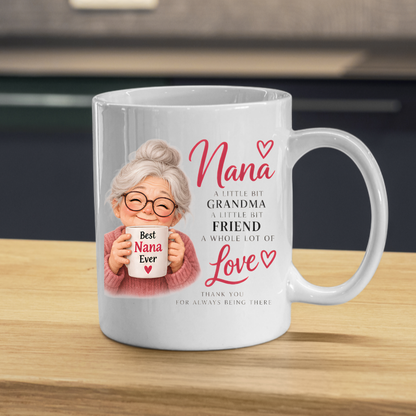 Family Mug "Nana A LITTLE BIT GRANDMA A LITTLE BIT FRIEND A WHOLE LOT OF Love" Sweet Grandma 325ml Ceramic Coffee Mug – Heartwarming Nana Tea Cup with Smiling Grandma & Mini Mug Graphic Gift | Available in Multicolours | Fast Dispatch by UK Seller (M3012)