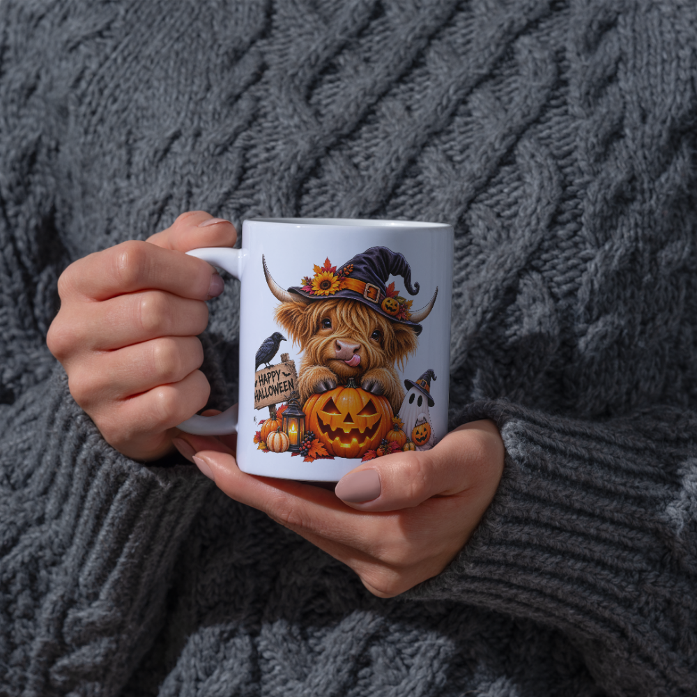 Spooky Cute Halloween Highland Cow Coffee Mug - Witch Hat & Jack-o'-Lantern Pumpkin Ceramic Tea Cup for Fall & Spooky Season Decor (M1212)
