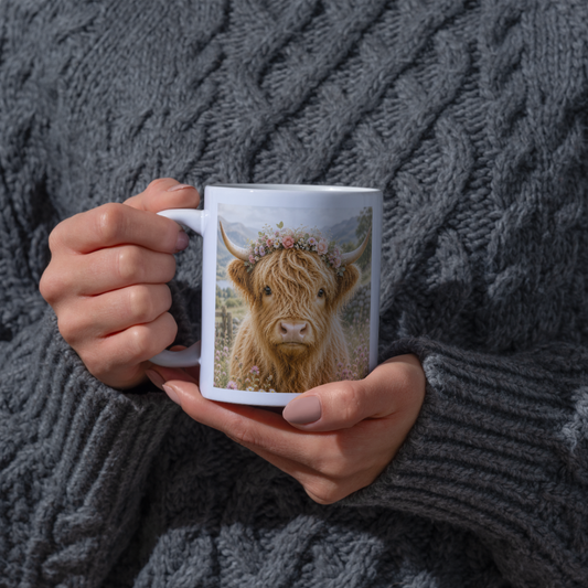 Fluffy Highland Cow Coffee Mug with Floral Crown - Cute Farmhouse Animal Ceramic Tea Cup for Rustic Kitchen Decor & Nature Lovers (M1202)