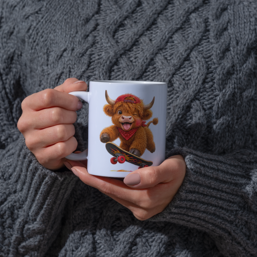 Skateboard Highland Cow Ceramic Coffee Mug - Cool Fluffy Farm Animal Baseball Cap & Bandana Tea Cup for Skaters & Animal Lovers (M1220)