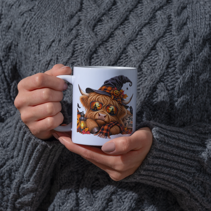 Cool Spooky Halloween Highland Cow Coffee Mug - "Trick or Treat" Jack-o'-Lantern & Witch Hat Ceramic Tea Cup for Fall Season Decor (M1213)