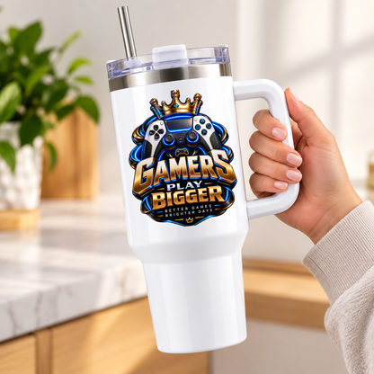 Cool Gaming Travel Tumbler "Gamers Play Bigger" Graphic 40oz Stainless Steel Insulated Travel Mug with Handle & Straw – Game Controller, Crown Crest & Swirl Graphic Novelty Gift for Gamers | Fast Dispatch by UK Seller (T3059)