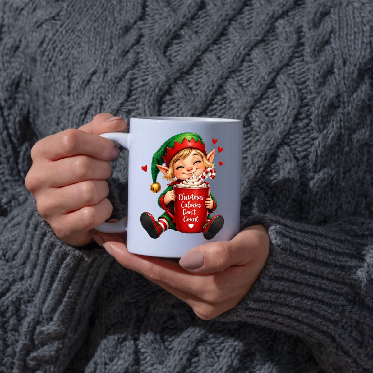 Cozy Mug "Christmas Calories Don't Count" Christmas Elf 325ml Ceramic Coffee Mug Funny Holiday Tea Cup with Whipped Cream & Candy Cane Gift | Available in Multicolours | Fast Dispatch by UK Seller (M1245)