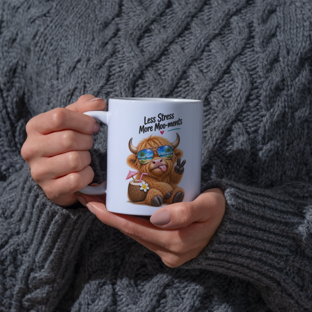 Novelty Mug Relaxing Tropical Highland Cow "Less Stress More Moo-ments" Ceramic Coffee Mug – Beach Vacation Farm Animal with Sunglasses & Coconut Drink Tea Cup Gift | Available in Multicolours | Fast Dispatch by UK Seller (M1226)