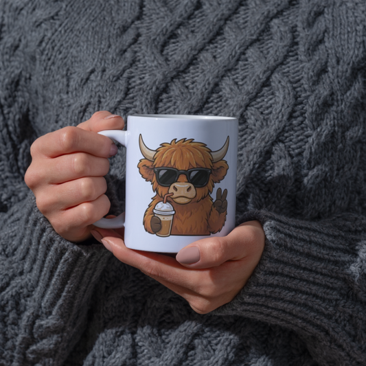 Cool Highland Cow Drinking Iced Coffee Mug - Cute Animated Farm Animal Ceramic Tea Cup with Sunglasses & Peace Sign (M1203)