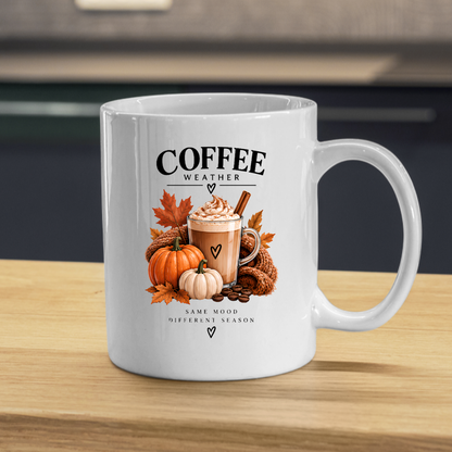 Cozy Autumn Pumpkin Spice Latte Mug "Coffee Weather: Same Mood Different Season" Graphic 325ml Ceramic Coffee Cup Autumn Drink with Whipped Cream Novelty Tea Cup | Cozy Fall Gift for Coffee Lovers | Available in Multicolours | Fast Dispatch (M3132)