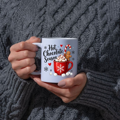 Cozy Mug "Hot Chocolate Season" Red Snowflake 325ml Ceramic Coffee Mug – Winter Holiday Tea Cup with Marshmallows, Gingerbread Man & Candy Cane | Available in Multicolours | Fast Dispatch by UK Seller (M1270)