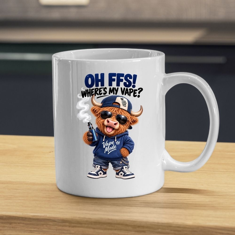 Funny Highland Cow Mug "Oh FFS! Where's My V?" Sarcastic Meme Animal 350ml Ceramic Coffee & Tea Cup “ Novelty Cool Scottish Cattle Gift | Available in Multicolours | Fast Dispatch by UK Seller (M1320)