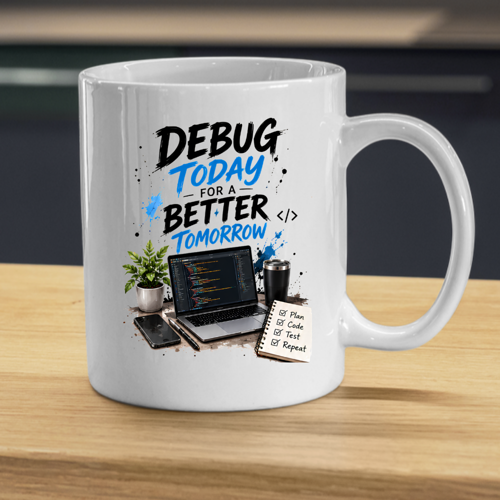 Tech Mug "Debug Today For A Better Tomorrow" Debug Today For A Better Tomorrow 325ml Ceramic Coffee Mug – Developer Desk Mug with Laptop Code, Smartphone & Plan Code Test Repeat Notepad | IT Gift | Fast Dispatch by UK Seller (M3331)