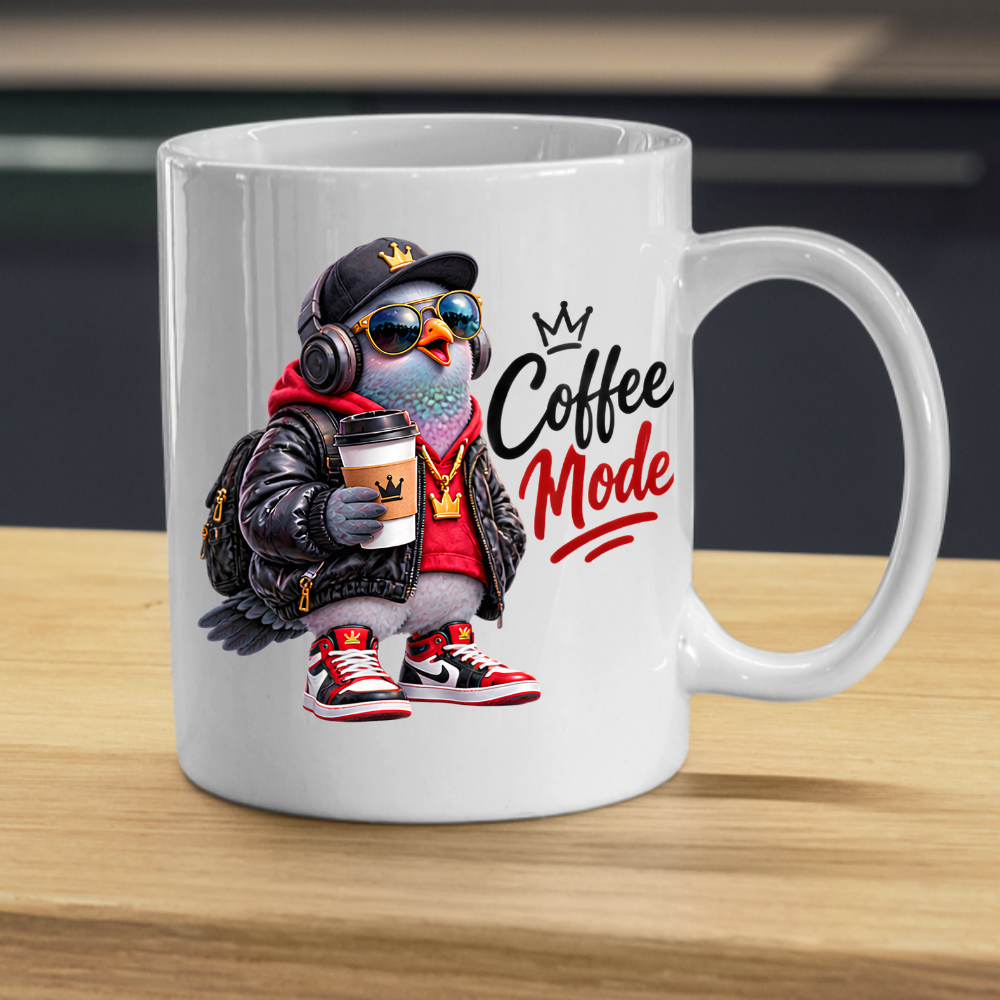Coffee Mug "Coffee Mode Cool Pigeon" 325ml Ceramic Coffee Mug – Cool Pigeon in Cap, Headphones, Leather Jacket, Hoodie & Sneakers Funny Streetwear Bird Mug Gift For Coffee Lovers Friends | Available in Multicolours | Fast Dispatch by UK Seller (M3240)