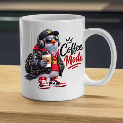 Coffee Mug "Coffee Mode Cool Pigeon" 325ml Ceramic Coffee Mug – Cool Pigeon in Cap, Headphones, Leather Jacket, Hoodie & Sneakers Funny Streetwear Bird Mug Gift For Coffee Lovers Friends | Available in Multicolours | Fast Dispatch by UK Seller (M3240)