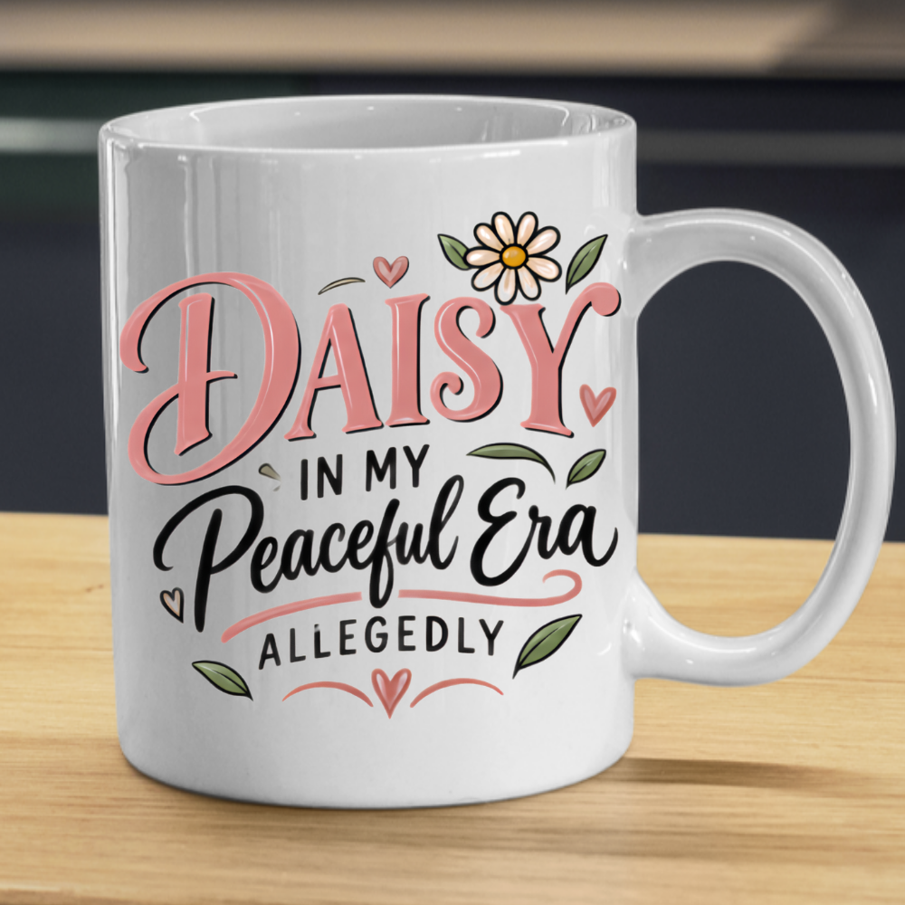 Personalized Name Mug "Daisy In My Peaceful Era Allegedly" Daisy In My Peaceful Era Allegedly 325ml Ceramic Coffee Mug – Custom Name Typography Slogan with Daisy Flower & Leaf Flourishes | Funny Gift | Fast Dispatch by UK Seller (M3424)