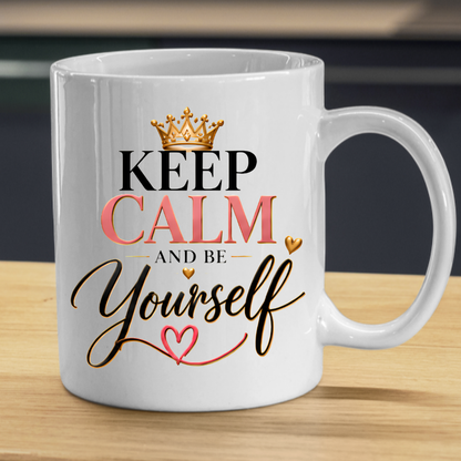 Motivational Mug "Keep Calm And Be Yourself" 325ml Ceramic Coffee Tea Cup – Gold Crown, Elegant Script & Heart Slogan Novelty Gift for Women, Friends, Birthday, Colleagues – Fast Dispatch by UK Seller (M3490)