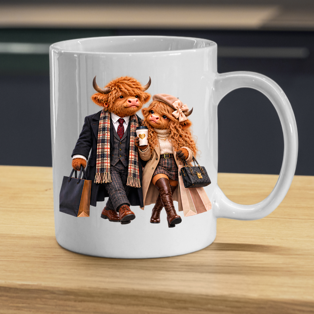 Fashion Mug "Stylish Highland Cow Couple Shopping" Stylish Highland Cow Couple 325ml Ceramic Coffee Mug – Chic Autumn Fashion Tea Cup with Winter Overcoats Designer Handbag Graphic Gift | Available in Multicolours | Fast Dispatch by UK Seller (M3188)