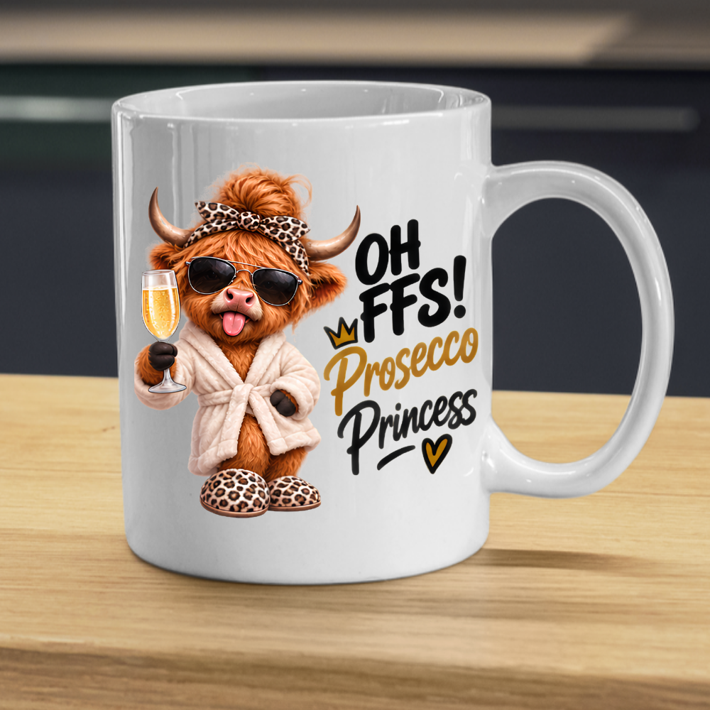 Highland Cow Prosecco Princess Mug "Oh FFS! Prosecco Princess" Oh FFS! Prosecco Princess 325ml Ceramic Coffee Mug – Cute Highland Cow in Bathrobe, Leopard Bow & Slippers holding Champagne Flute | Funny Gift | Fast Dispatch by UK Seller (M3393)