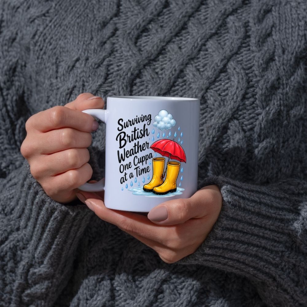 Humorous Mug "Surviving British Weather One Cuppa at a Time" 325ml Ceramic Coffee Mug Funny Rainy Day Tea Cup with Yellow Wellies, Red Umbrella & Raindrops Graphic Gift | Available in Multicolours | Fast Dispatch by UK Seller (M1318)