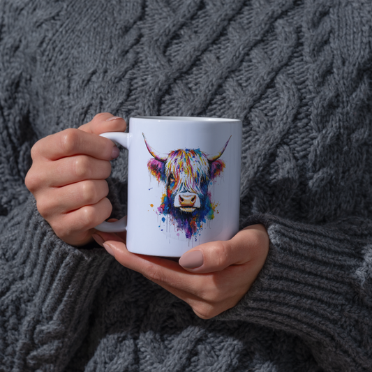 Colorful Watercolor Splash Highland Cow Ceramic Coffee Mug (M1209)
