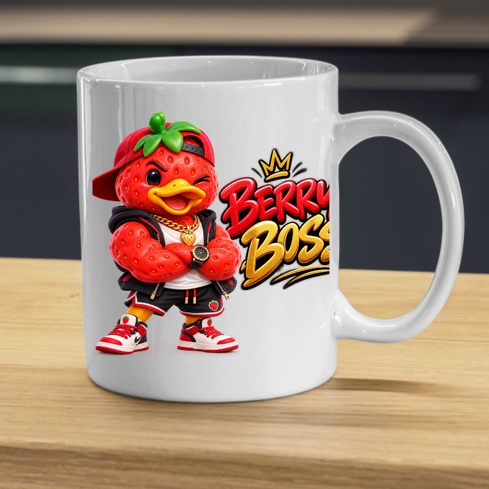 Boss Mug "Berry Boss Cool Strawberry Duck" 325ml Ceramic Coffee Mug – Cool Winking Strawberry Duck in Cap, Hoodie, Gold Chain, Watch Sneakers Streetwear Gift For Bosses Friends Coffee Lovers | Available in Multicolours | Fast Dispatch by UK Seller (M3258)
