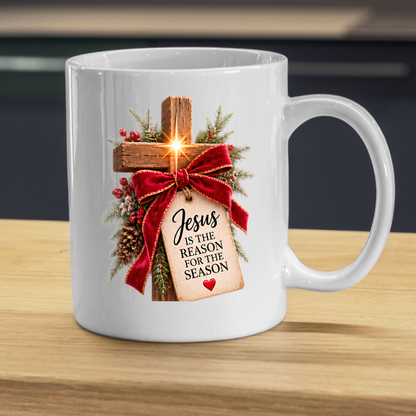Christmas Mug "Jesus Is The Reason For The Season Wooden Cross" 325ml Ceramic Coffee Mug – Rustic Wooden Cross With Velvet Bow Pine Red Berries Christian Holiday Gift | Available in Multicolours | Fast Dispatch by UK Seller (M3297)