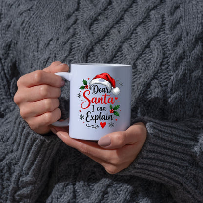 Humorous Mug "Dear Santa I can Explain" Santa Hat 325ml Ceramic Coffee Mug Funny Winter Holiday Tea Cup with Holly Berries & Slogan Gift | Available in Multicolours | Fast Dispatch by UK Seller (M1266)