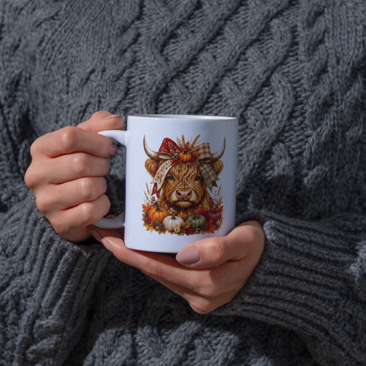 Autumn Harvest Highland Cow Coffee Mug - Fall Pumpkin & Plaid Bow Farmhouse Animal Ceramic Tea Cup for Thanksgiving & Rustic Kitchen Decor (M1207)