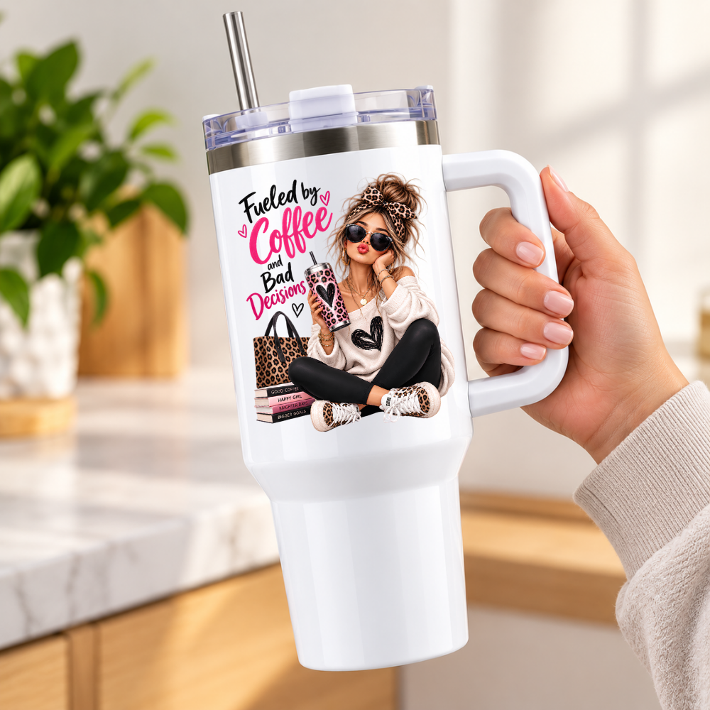 Sassy Leopard Print Travel Tumbler "Fueled By Coffee And Bad Decisions" Graphic 40oz Stainless Steel Insulated Mug with Handle & Straw –Fashion Girl sitting with Sunglasses, Leopard Handbag & Tumbler Novelty Travel Cup | Fast Dispatch by UK Seller (T3016)