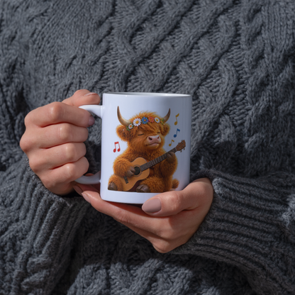 Highland Cow Playing Guitar Ceramic Coffee Mug - Cute Fluffy Farm Animal Flower Crown Tea Cup for Musicians & Music Lovers (M1219)