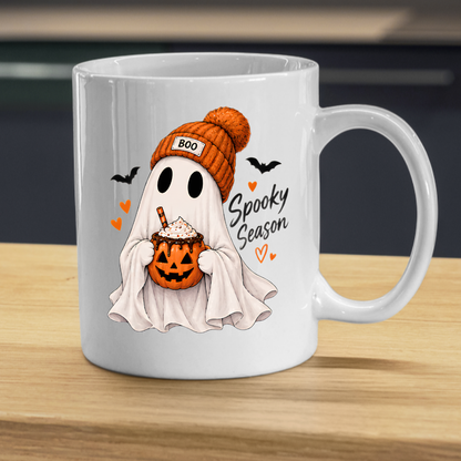 Halloween Mug "Ghost Spooky Season" Ghost Spooky Season 325ml Ceramic Coffee Mug – Cute Halloween Autumn Tea Cup with Sheet Ghost, "BOO" Orange Beanie Pumpkin Spice Coffee Mug Graphic Gift | Available in Multicolours | Fast Dispatch by UK Seller (M3222)