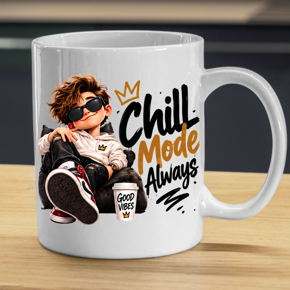 Chill Mug "Chill Mode Always" 325ml Ceramic Coffee Tea Cup – Cool Boy Graphic, Sunglasses, Hoodie & Good Vibes Slogan Novelty Gift for Bestie, Teens, Birthday – Fast Dispatch by UK Seller (M3497)