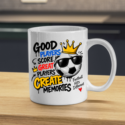 Football Mug "GOOD PLAYERS SCORE GREAT PLAYERS CREATE MEMORY" Cool Football 325ml Ceramic Coffee Mug – Sporty Football Tea Cup with Crown, Sunglasses & "Football Hits Different" Graphic Gift | Available in Multicolours | Fast Dispatch by UK Seller (M3092)