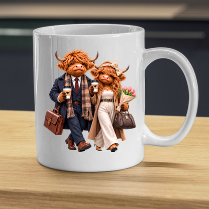 Highland Cow Mug "Dressed To Impress Highland Cow Couple" 325ml Ceramic Coffee Mug – Stylish Highland Cow Couple in Suits Trench Coats Carrying Coffee Romantic Gift For Couples Anniversaries | Available in Multicolours | Fast Dispatch by UK Seller (M3259)