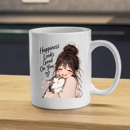 Inspirational Anime Mug "Happiness Looks Good On You" Cute Anime Girl & Cat 325ml Ceramic Coffee Mug Wholesome Kitten Tea Cup with Cute Girl Hugging Cat Graphic Gift | Available in Multicolours | Fast Dispatch by UK Seller (M3024)