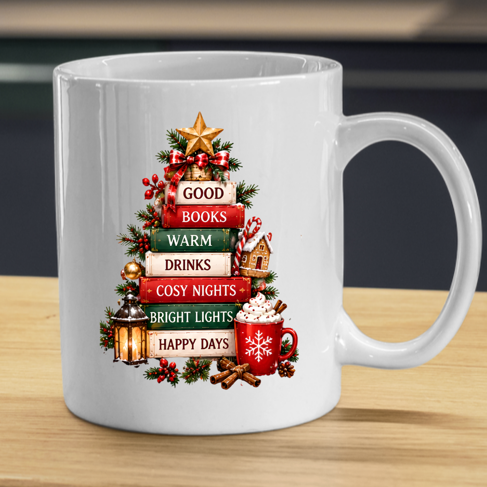 Book Tree Christmas Mug "Good Books Warm Drinks Cosy Nights" Good Books Warm Drinks Cosy Nights 325ml Ceramic Coffee Mug – Festive Christmas Book Stack Tree with Golden Star & Holiday Elements | Winter Gift | Fast Dispatch by UK Seller (M3428)