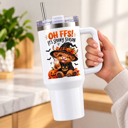 Halloween Highland Cow Travel Tumbler "Oh FFS! It's Spooky Season" Graphic 40oz Stainless Steel Insulated Travel Mug with Handle & Straw – Funny Witch Cow Pumpkin Iced Latte Gift | Fast Dispatch by UK Seller (T3043)