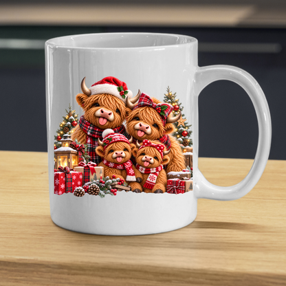 Christmas Highland Cow Family Mug Christmas Highland Cow Family 325ml Ceramic Coffee Mug – Festive Scottish Cows in Santa Hats, Bows & Scarves with Presents | Holiday Gift | Fast Dispatch by UK Seller (M3375)