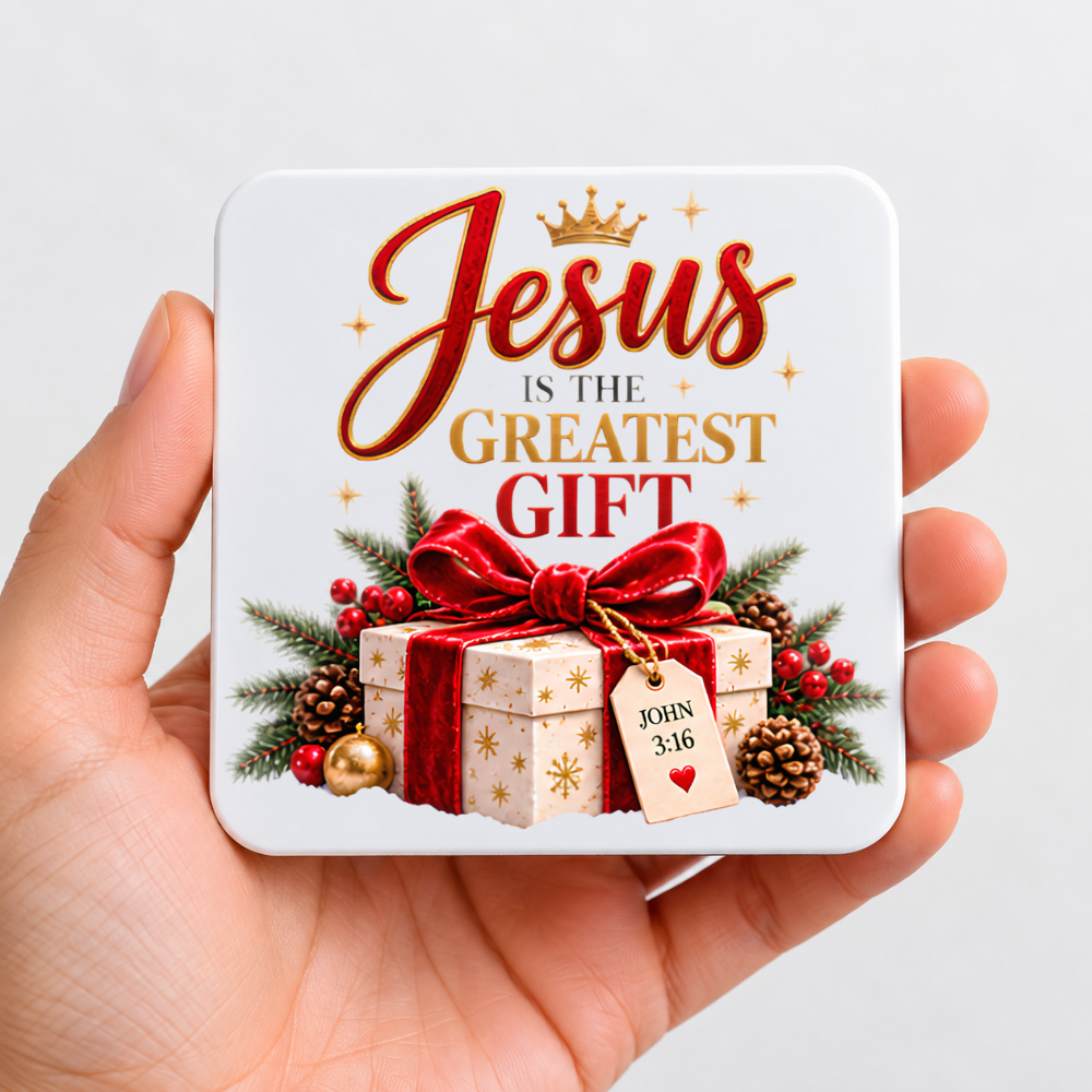 Inspirational Religious Hardboard Coaster "Jesus Is The Greatest Gift" Graphic 9cm x 9cm Square Drinks Coaster "Wrapped Present with Crown, Red Ribbon & John 3:16 Gift Tag Novelty Mat | Christian Glossy Gift | Fast Dispatch by UK Seller (C3039)