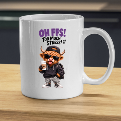 Highland Cow Stress Coffee Mug "OH FFS! Too Much Stress!" Oh Ffs! Too Much Stress! 325ml Ceramic Coffee Mug – Cute Highland Cow in Hoodie, Cap & Sunglasses with Coffee Cup | Funny Work Gift | Fast Dispatch by UK Seller (M3385)