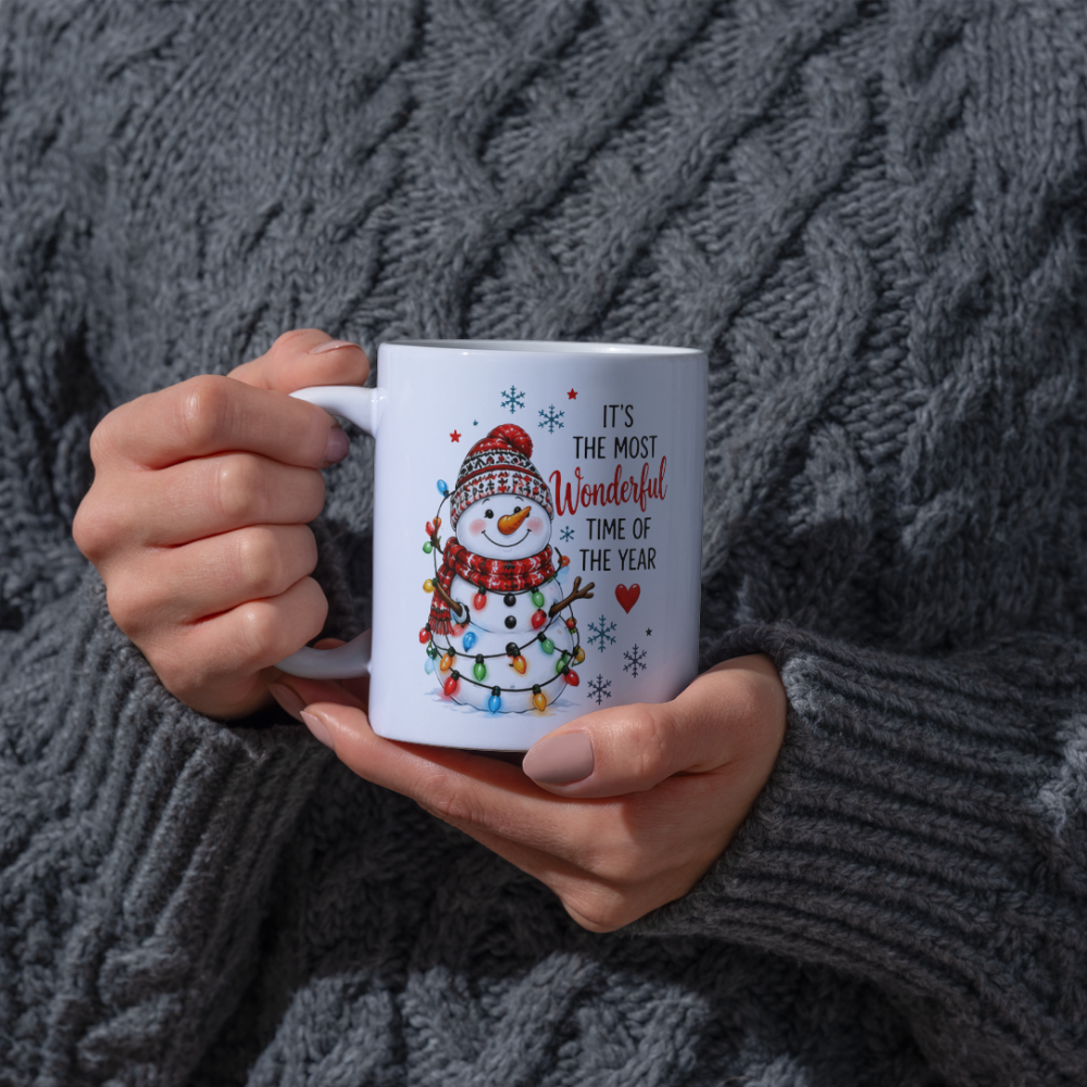 Festive Mug "Most Wonderful Time" Snowman Ceramic Coffee Mug – Cute Winter Holiday Tea Cup with Fairy Lights & Scarf Gift 350ml | Available in Multicolours | Fast Dispatch by UK Seller (M1234)