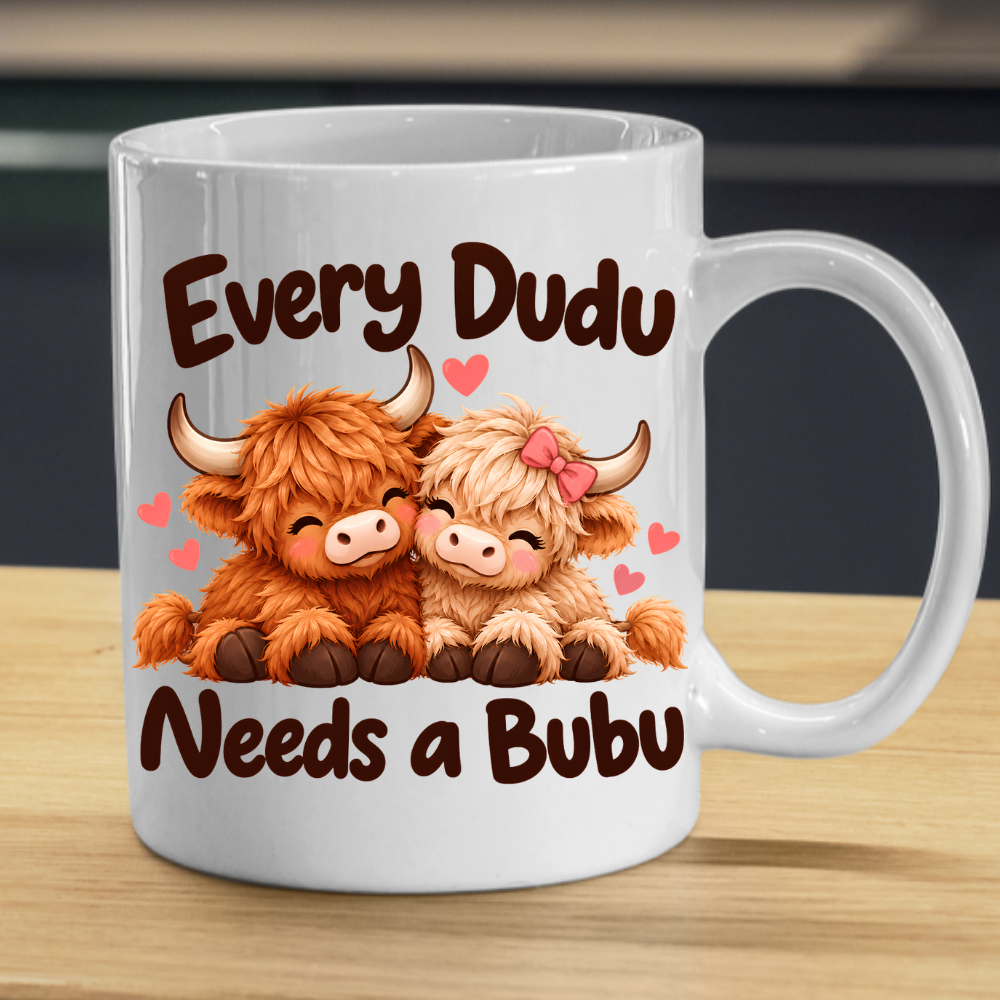 Cute Highland Cow Mug "Every Dudu Needs A Bubu" Every Dudu Needs A Bubu 325ml Ceramic Coffee Mug – Adorable Cuddling Couple Highland Cows with Pink Bow & Floating Hearts | Romantic Couple Gift | Fast Dispatch by UK Seller (M3455)