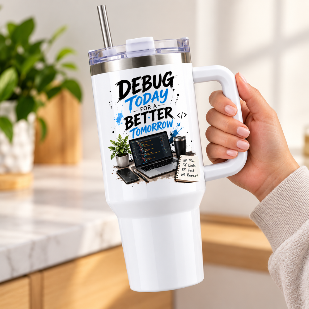 Motivational Developer Travel Tumbler "DEBUG TODAY FOR A BETTER TOMORROW" Graphic 40oz Stainless Steel Insulated Travel Mug with Handle & Straw – Coding Laptop, Workspace Setup, Notepad & Coffee Novelty Gift for Coders | Fast Dispatch by UK Seller (T3053)