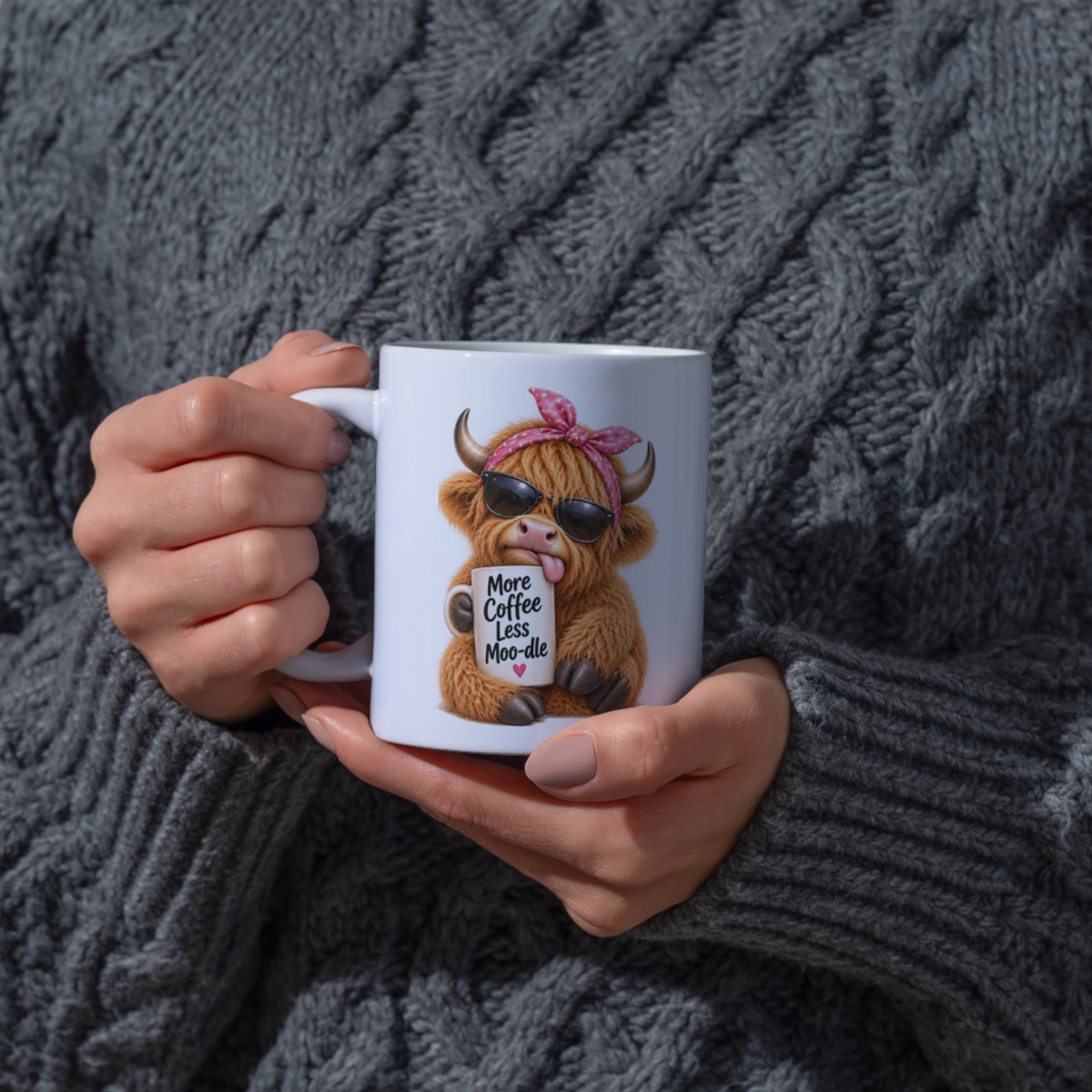 Sassy Mug Highland Cow "More Coffee Less Moo-dle" Ceramic Coffee Mug - Funny Farm Animal with Pink Headband & Sunglasses Tea Cup Gift 350ml | Available in Multicolours | Fast Dispatch by UK Seller (M1222)