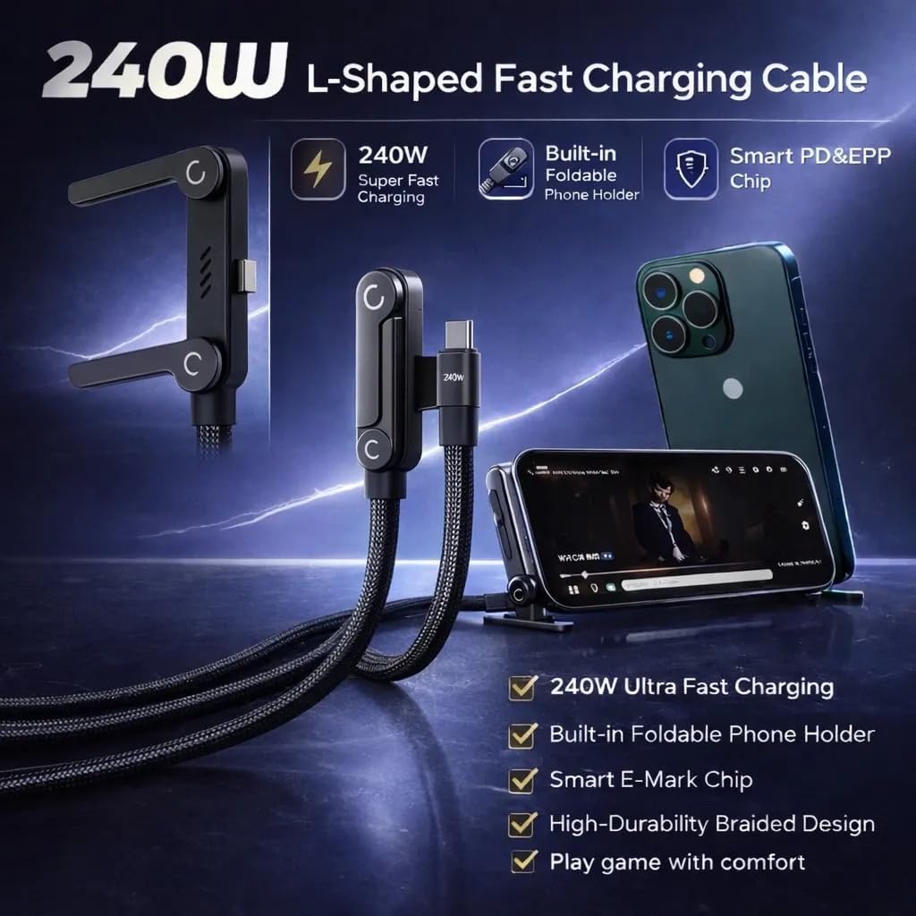 240W USB-C to USB-C Fast Charging & Data Cable | 180Â° Rotating Right-Angle Braided Lead