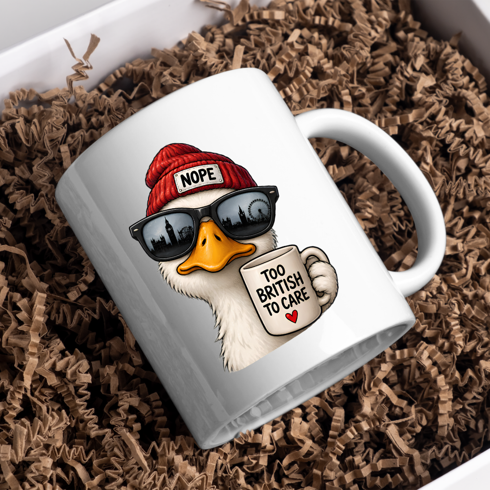 British Humour Mug "TOO BRITISH TO CARE" Funny Duck 325ml Ceramic Coffee Mug Cheeky London Duck Tea Cup with Union Jack-Inspired British Artwork Gift | Available in Multicolours | Fast Dispatch by UK Seller (M3002)
