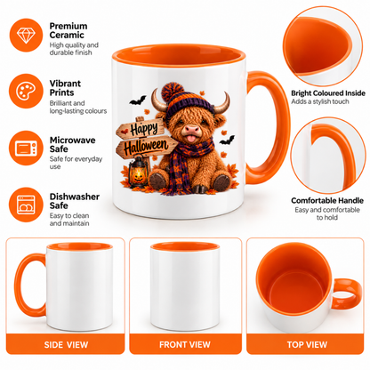 Halloween Mug "Highland Cow Beanie & Scarf Happy Halloween" Highland Cow Beanie and Scarf Happy Halloween 325ml Ceramic Coffee Mug – Cute Halloween Autumn Tea Cup Plaid Scarf Wooden Direction Sign Graphic Gift | Fast Dispatch by UK Seller (M3221)