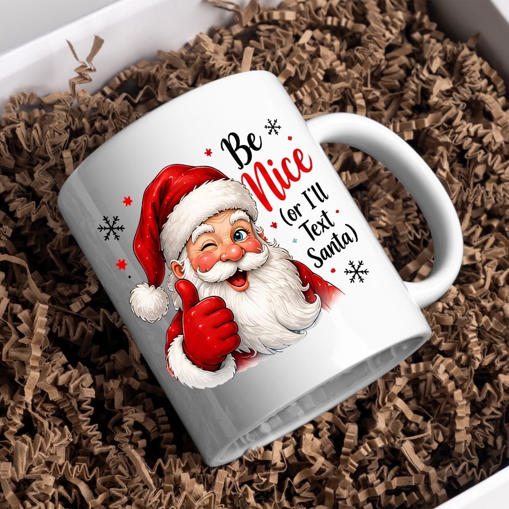 Humorous Mug "Be Nice (or I'll Text Santa)" Winking Santa 325ml Ceramic Coffee Mug – Funny Winter Holiday Tea Cup with Thumbs Up & Snowflakes | Available in Multicolours | Fast Dispatch by UK Seller (M1272)