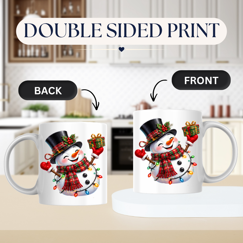 Christmas Mug "Cheerful Snowman Plaid Scarf Gift" Cheerful Snowman 325ml Ceramic Coffee Mug – Festive Christmas Tea Cup with Plaid Scarf, Top Hat Christmas Lights Gift Graphic Gift | Available in Multicolours | Fast Dispatch by UK Seller (M3184)