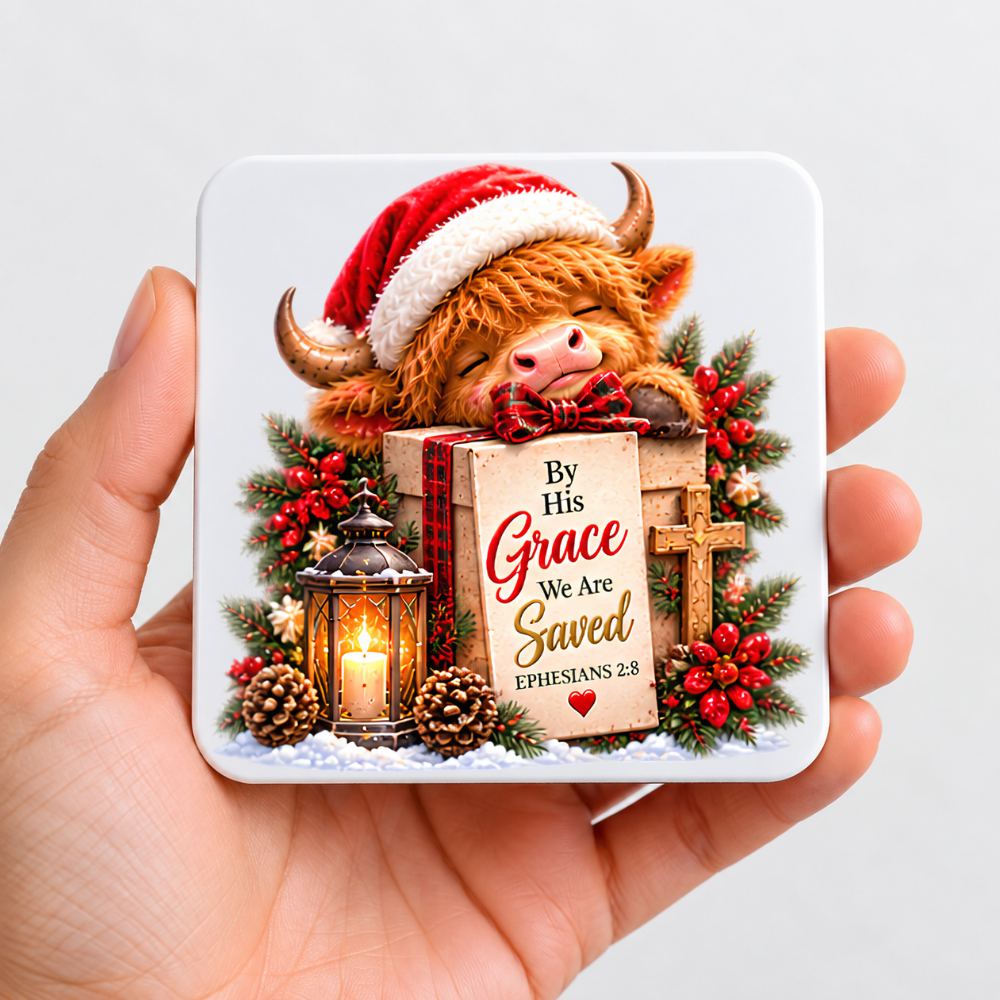 Festive Christian Christmas Coaster "By His Grace We Are Saved Ephesians 2:8" Graphic Glossy Hardboard 9x9cm Drinks Mat – Highland Cow, Wooden Cross & Candle Lantern Holiday Tableware Gift | Fast Dispatch by UK Seller (C3063)